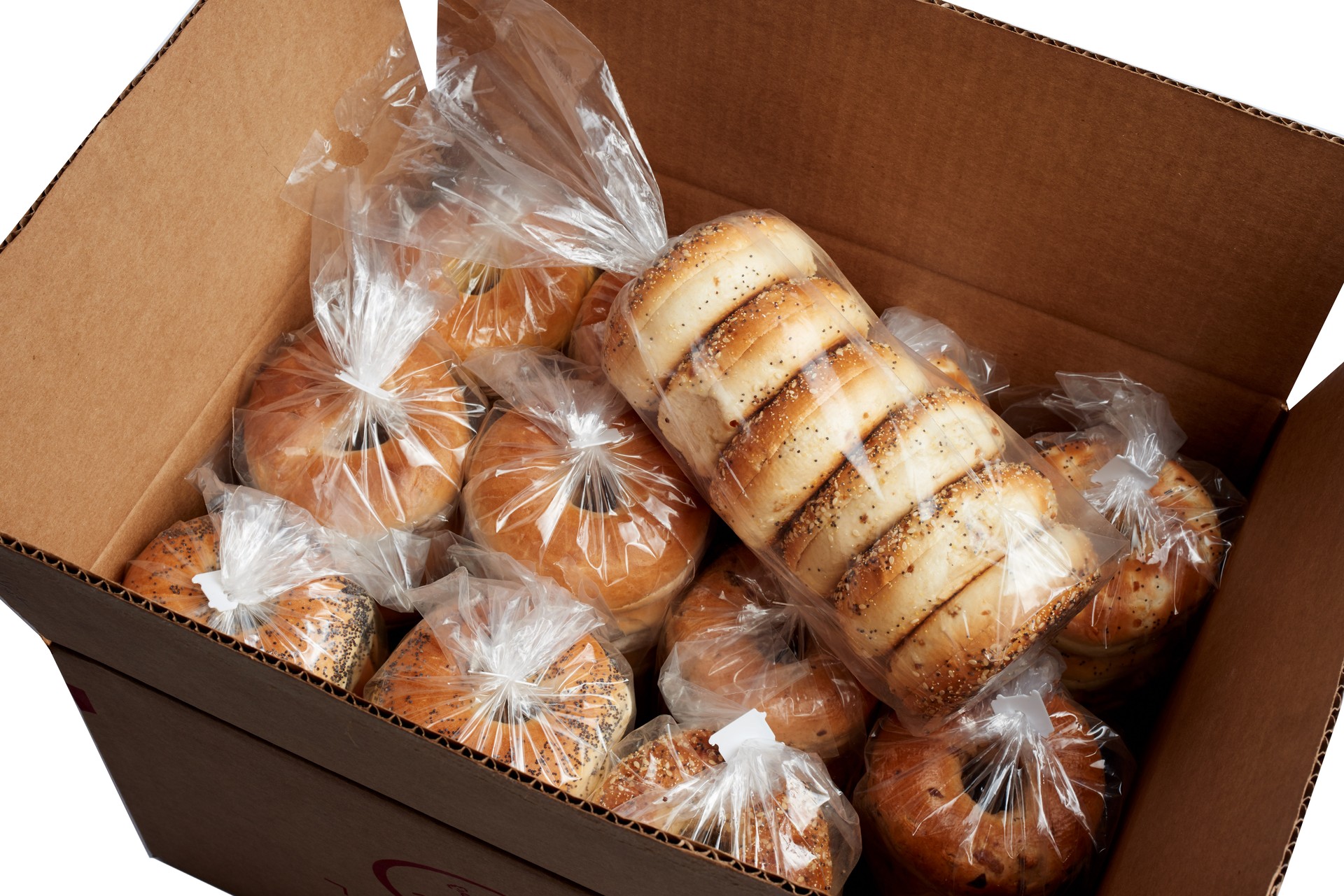 Bagels in a clear bags in a box for shipping
