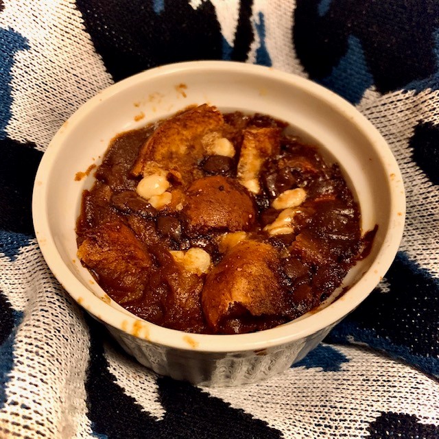 Bagel Pudding in a ramekin, Jake, has had great success during his Journey