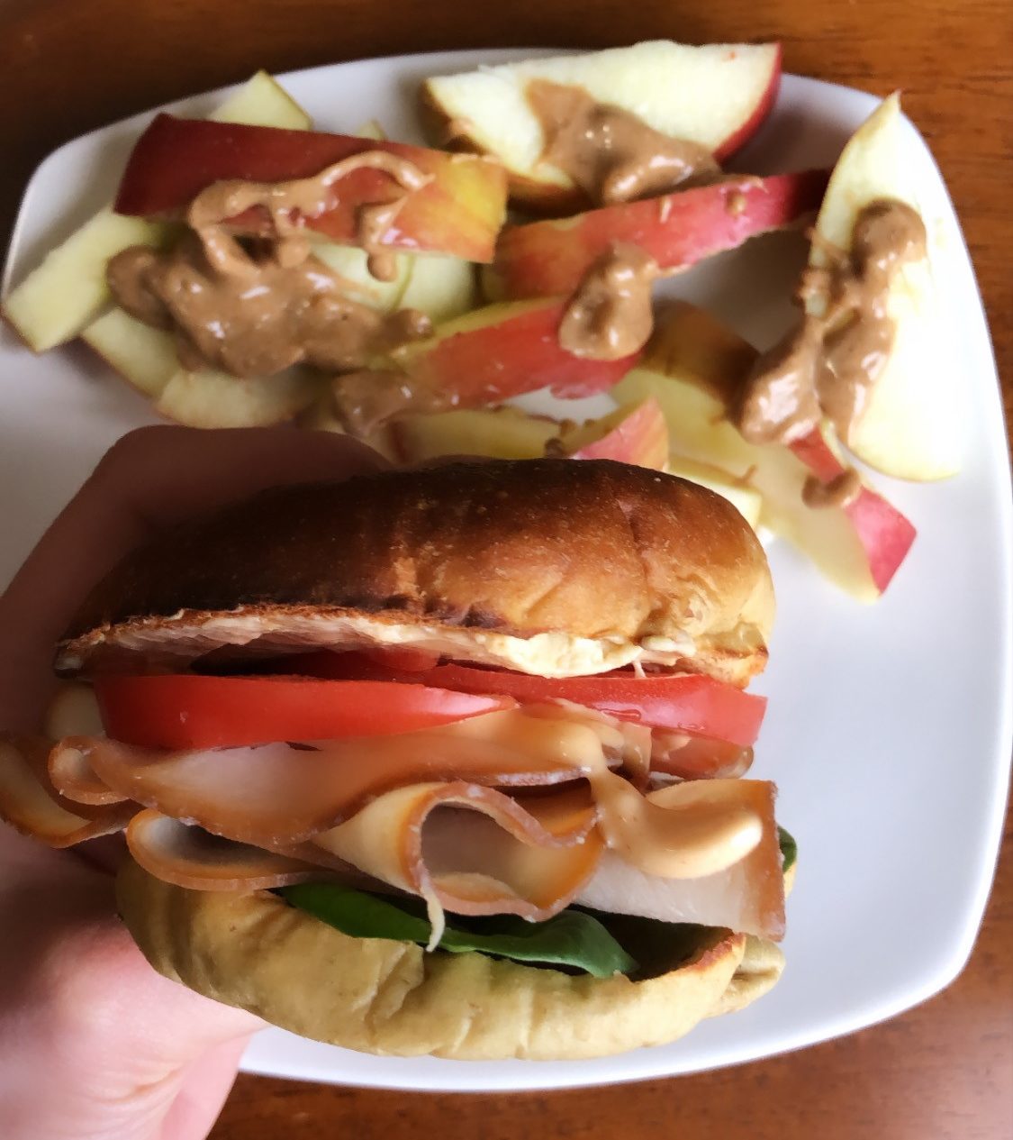 Turkey Bagel Sandwich being held by a hand