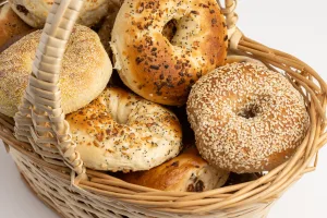 Kettle Boiled Western Bagel Bagels in a Basket Assorted Kettle-Boiled Bagels in a Woven Basket